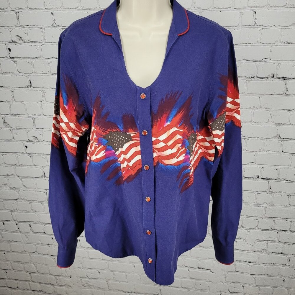 VTG Panhandle Slim Blue American Flag USA Snap Long Sleeve Shirt Size Medium M